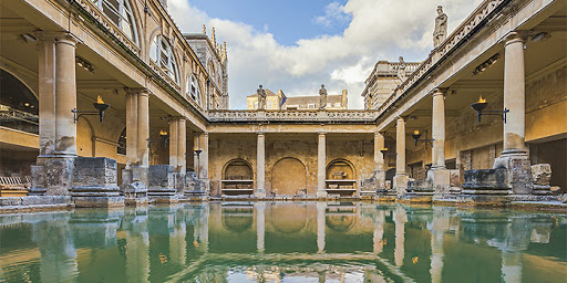 “Perspective view of the Roman Baths with blue sky”