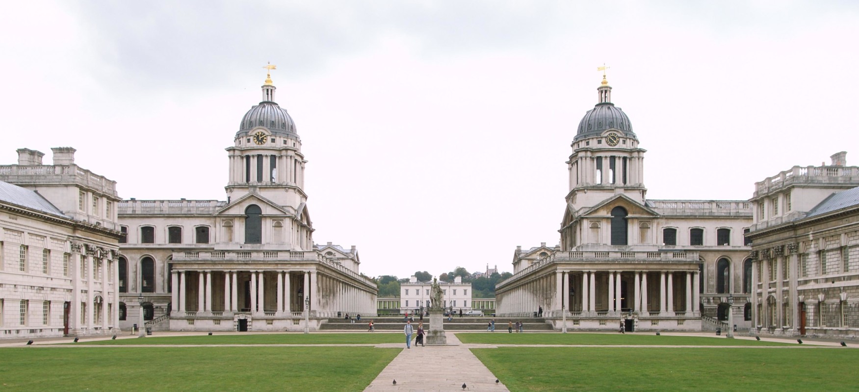 “Perspective view of the Royal Naval hospital on a green land with people around”